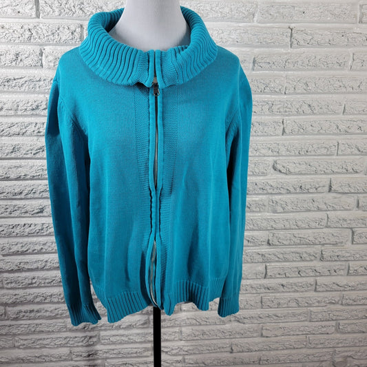 Studio Works Womens Sweater 2X Plus Cardigan Blue Zip Cotton Turtleneck Office