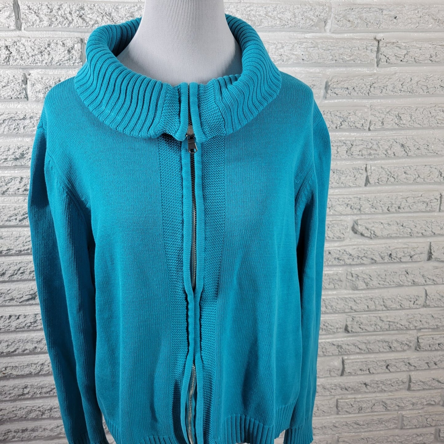 Studio Works Womens Sweater 2X Plus Cardigan Blue Zip Cotton Turtleneck Office