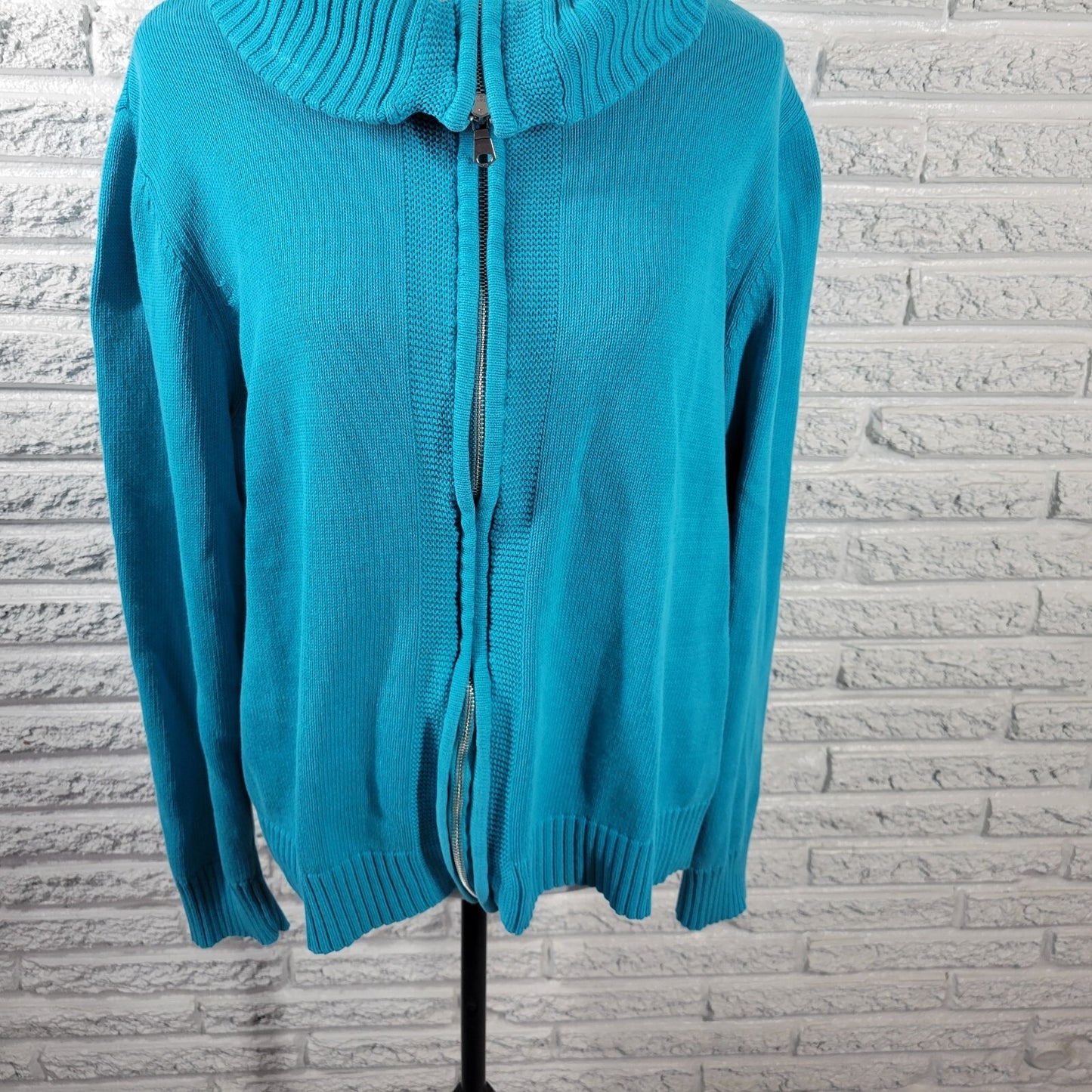 Studio Works Womens Sweater 2X Plus Cardigan Blue Zip Cotton Turtleneck Office