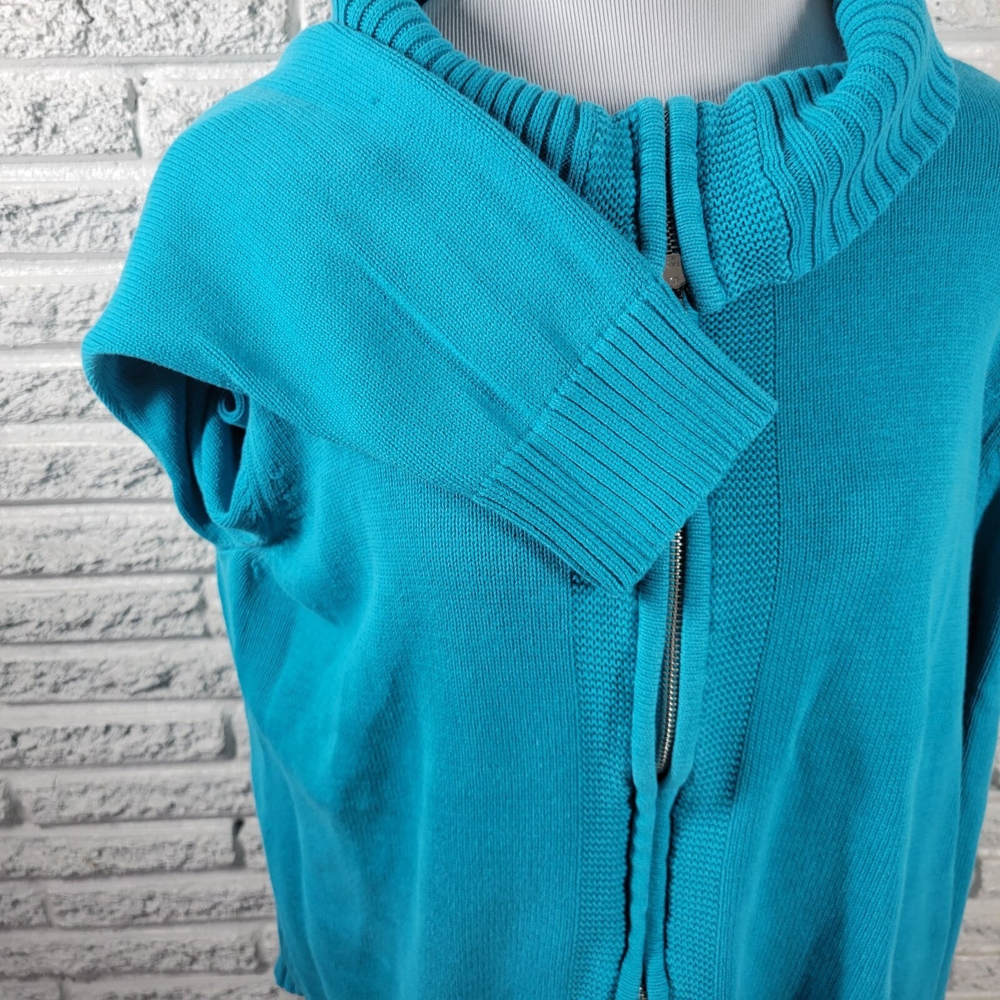 Studio Works Womens Sweater 2X Plus Cardigan Blue Zip Cotton Turtleneck Office