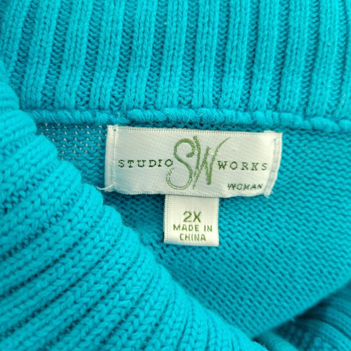 Studio Works Womens Sweater 2X Plus Cardigan Blue Zip Cotton Turtleneck Office