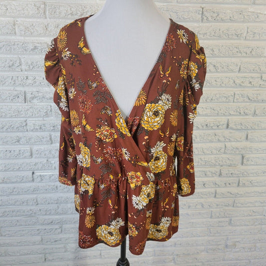 Kristin Nicole Womens Top 1X 3/4 Sleeve Brown Gold Floral Poly Blend Lightweight
