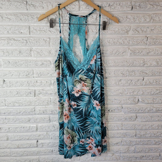 Secret Treasures Womens Nightgown 2X Blue Floral Spaghetti Racerback Lace Trim