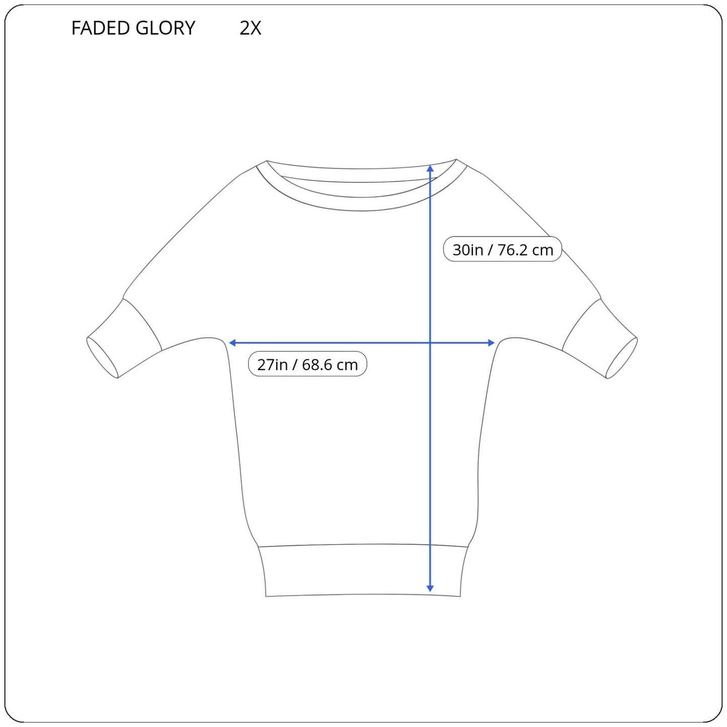 Faded Glory Womens Top 2X Plus Dolman 3/4 Sleeve Blue Heather Poly Blend Casual