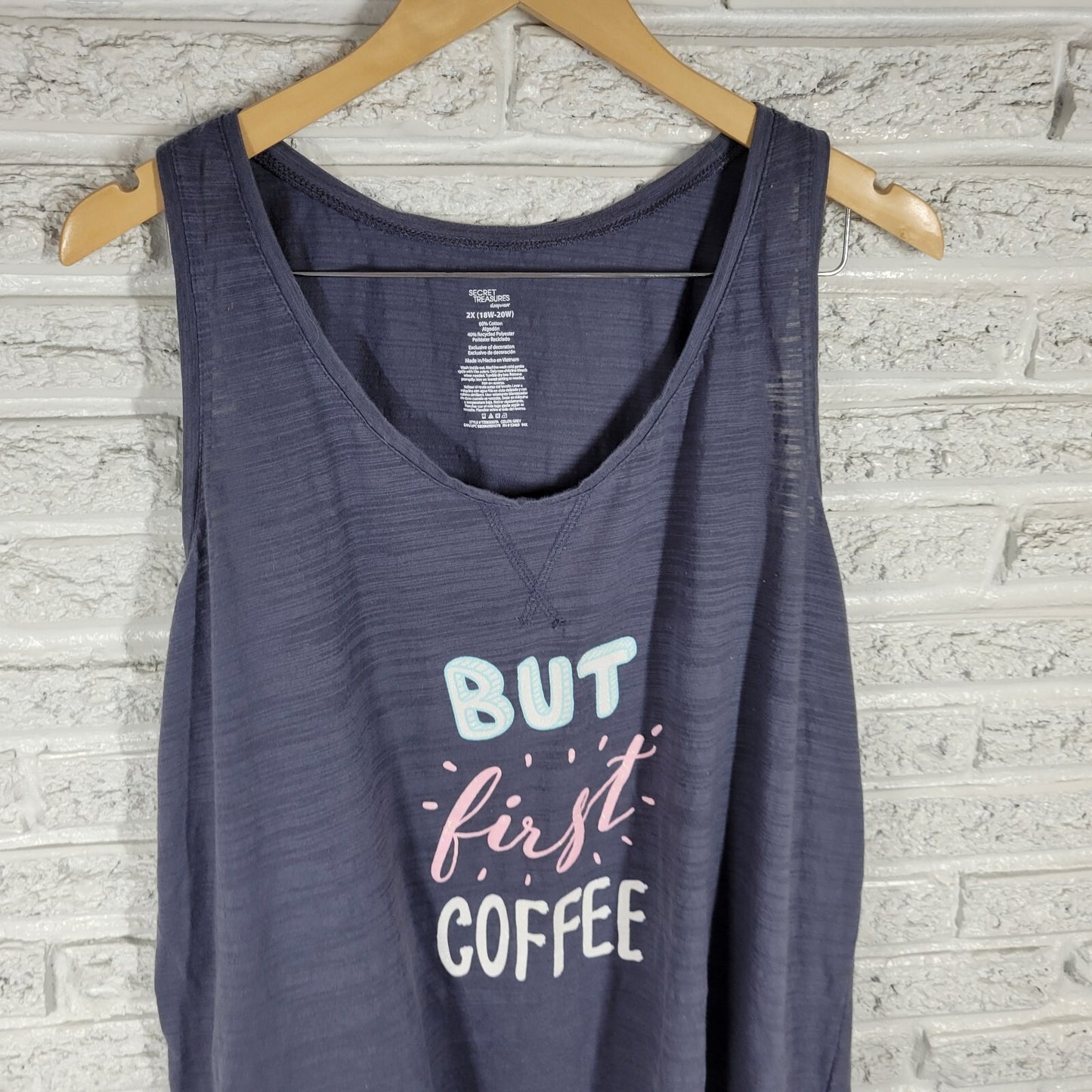 Secret Treasures Women Top 2X Plus Tank Pajama But First Coffee Lightweight Gray