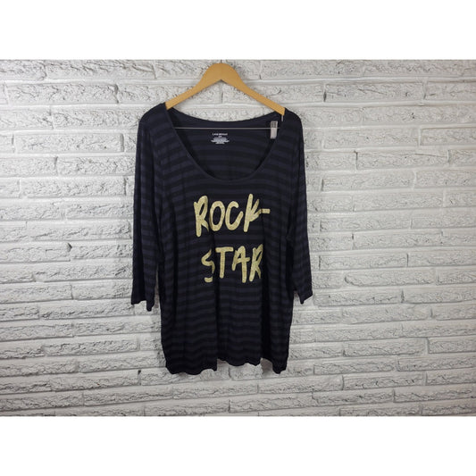 Lane Bryant Womens Top 26 28 Plus Tee 3/4 Sleeve Cotton Black Rock Star Glitter