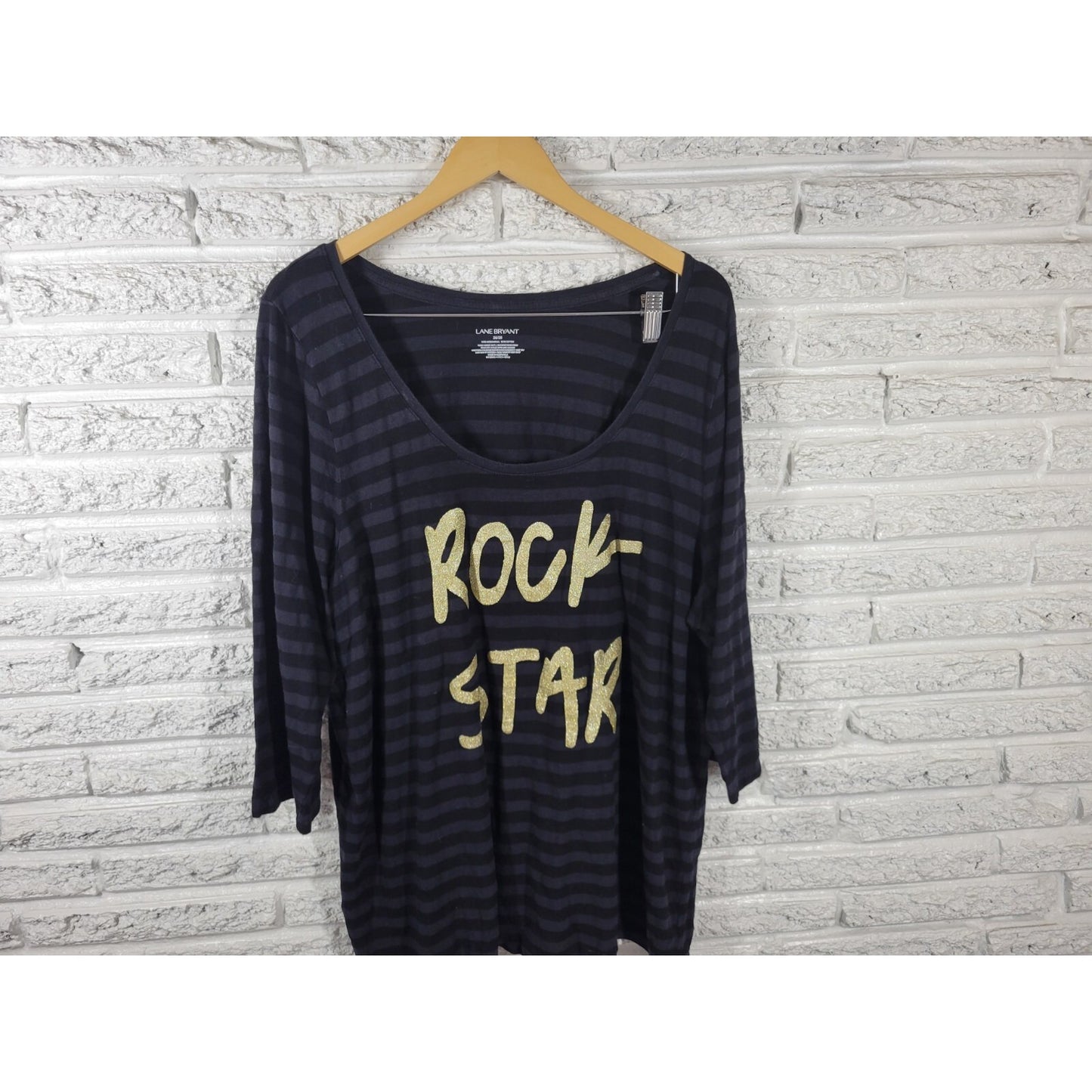 Lane Bryant Womens Top 26 28 Plus Tee 3/4 Sleeve Cotton Black Rock Star Glitter