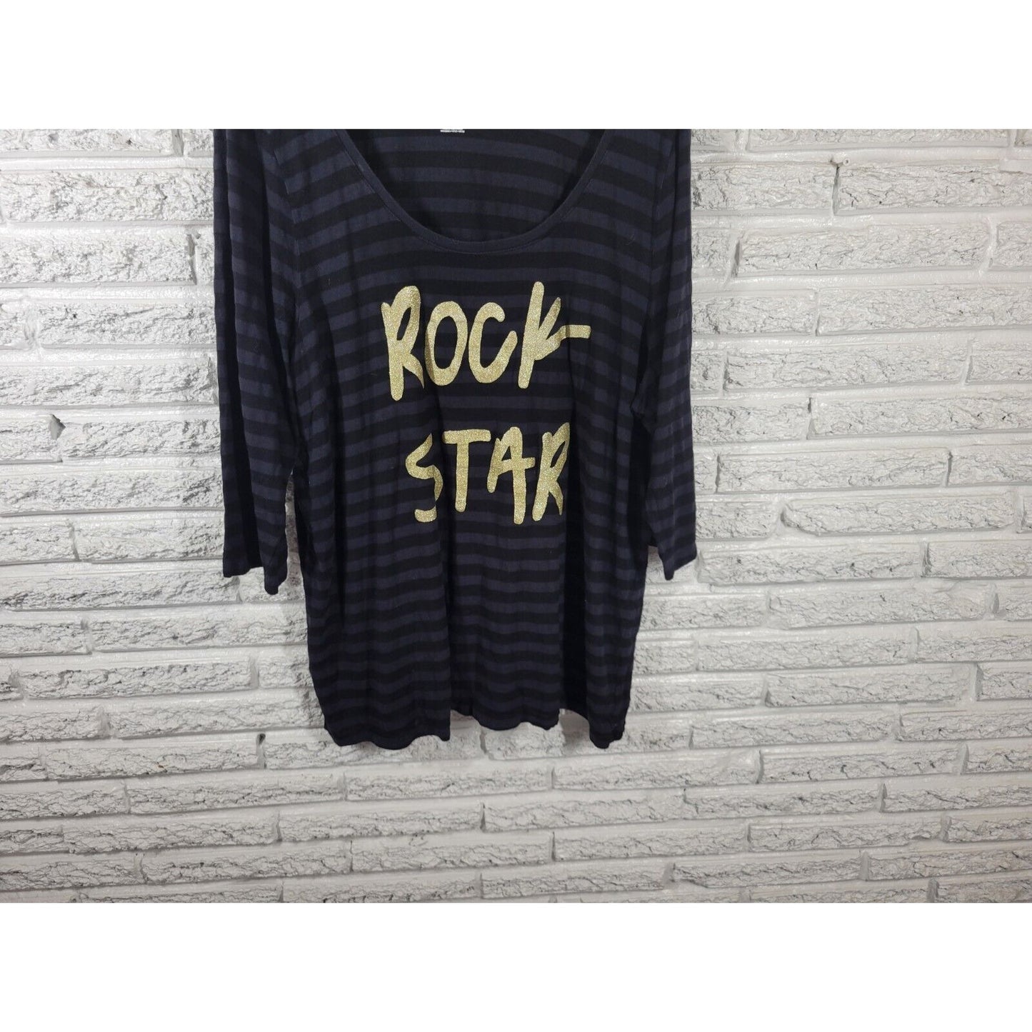 Lane Bryant Womens Top 26 28 Plus Tee 3/4 Sleeve Cotton Black Rock Star Glitter