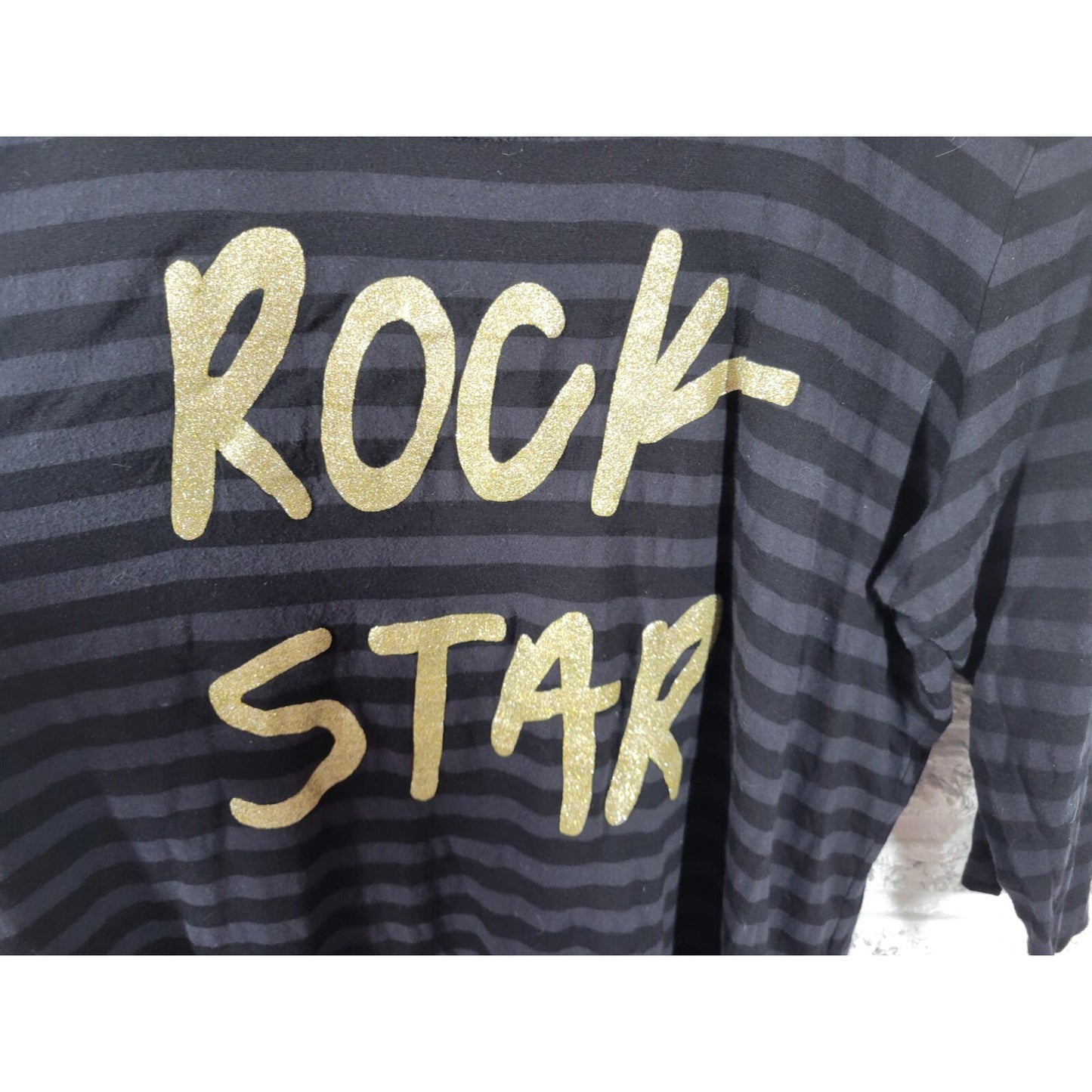 Lane Bryant Womens Top 26 28 Plus Tee 3/4 Sleeve Cotton Black Rock Star Glitter