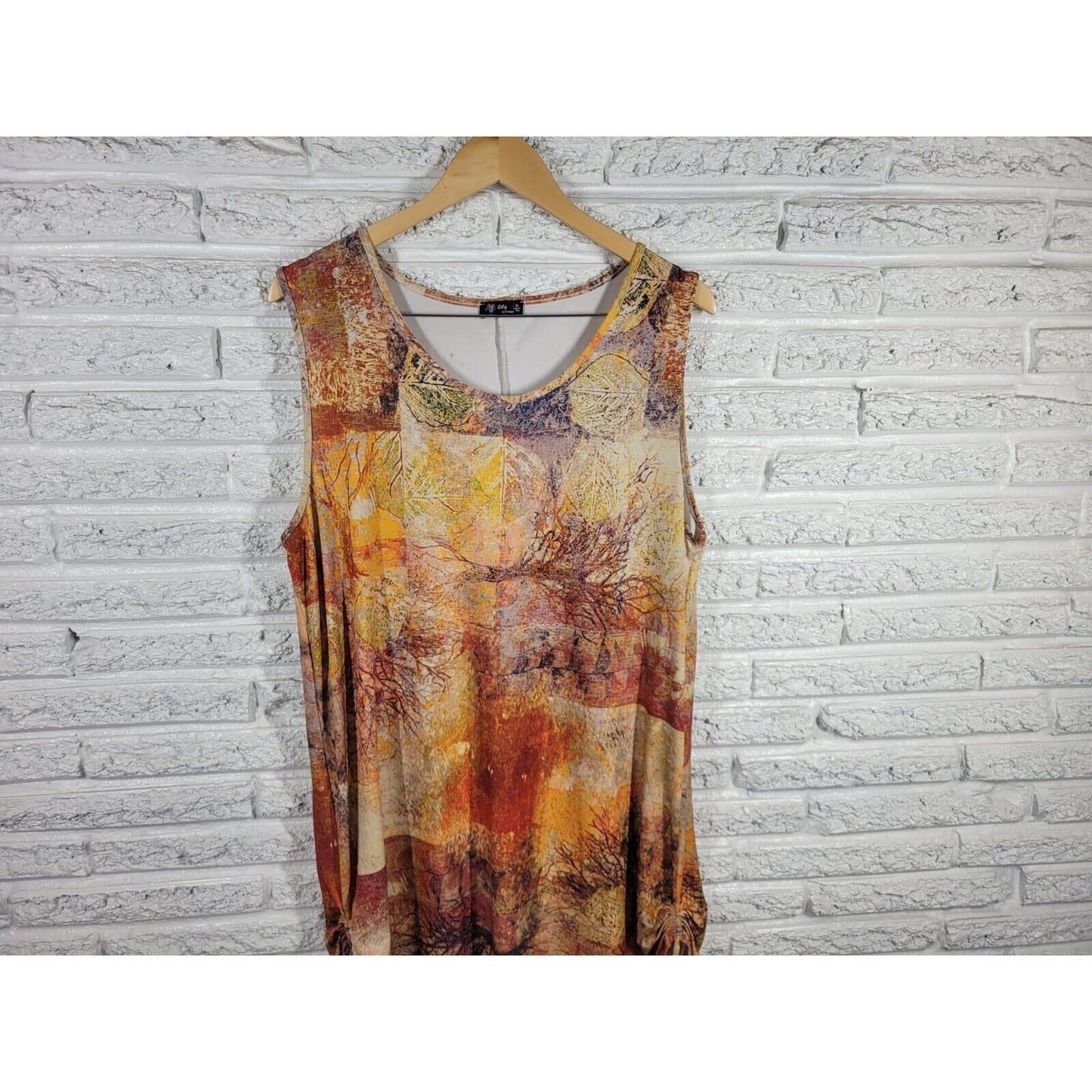 Lily Firmiana Womens Dress Extra Large Mini Sleeveless Brown Gold Trees Casual