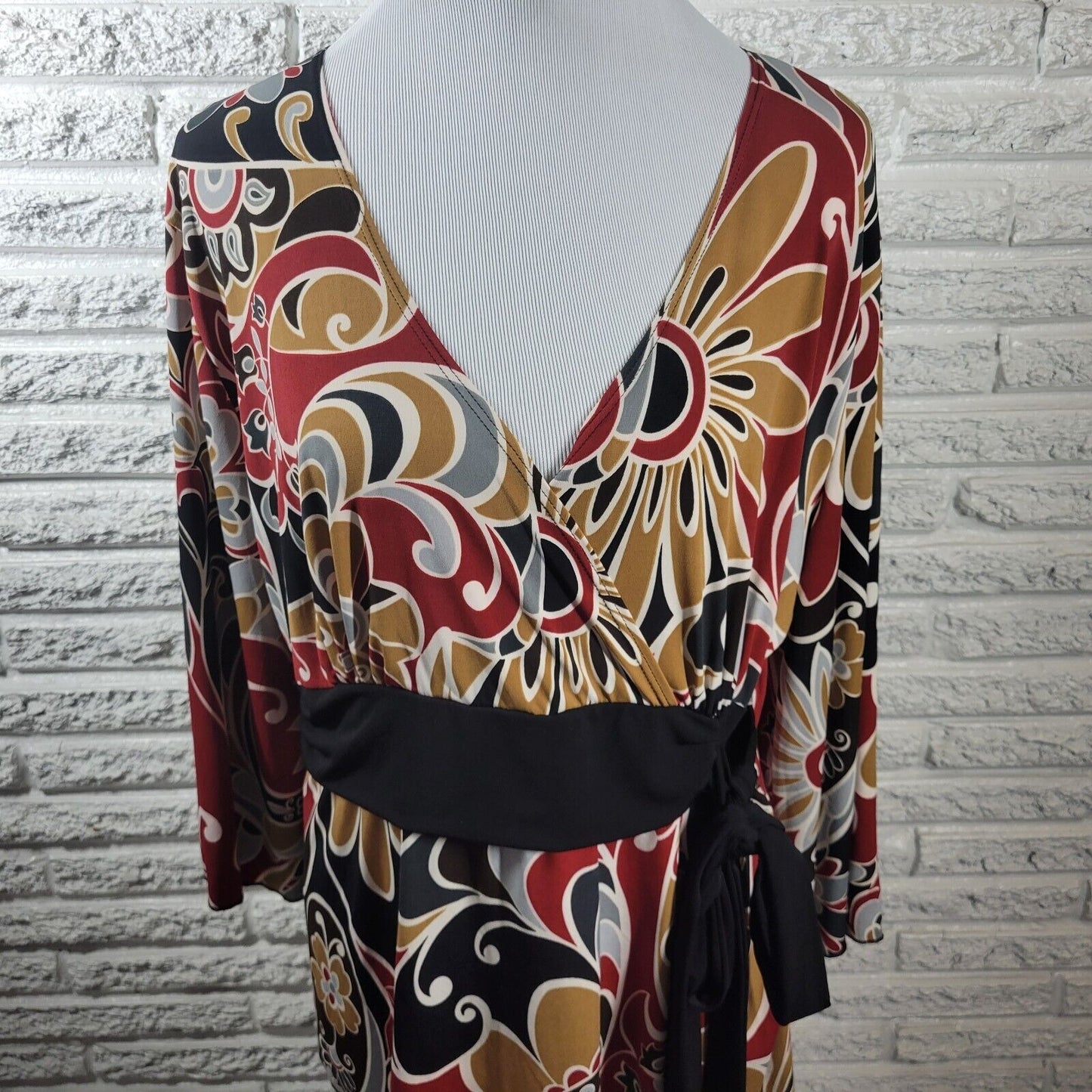 Dress Barn Womens Top 1X 3/4 Sleeve Red Tan Floral Poly Blend Sash Career Casual