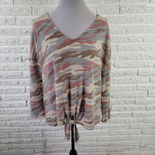 Como Vintage Women Sweater XL Asymmetric Blue Watercolor Waffle Knit Soft Casual