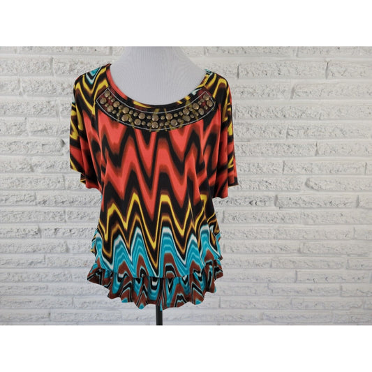 Neu Options Women Top 2X Plus Peplum Flutter Sleeve Blue Watercolor Beads Office