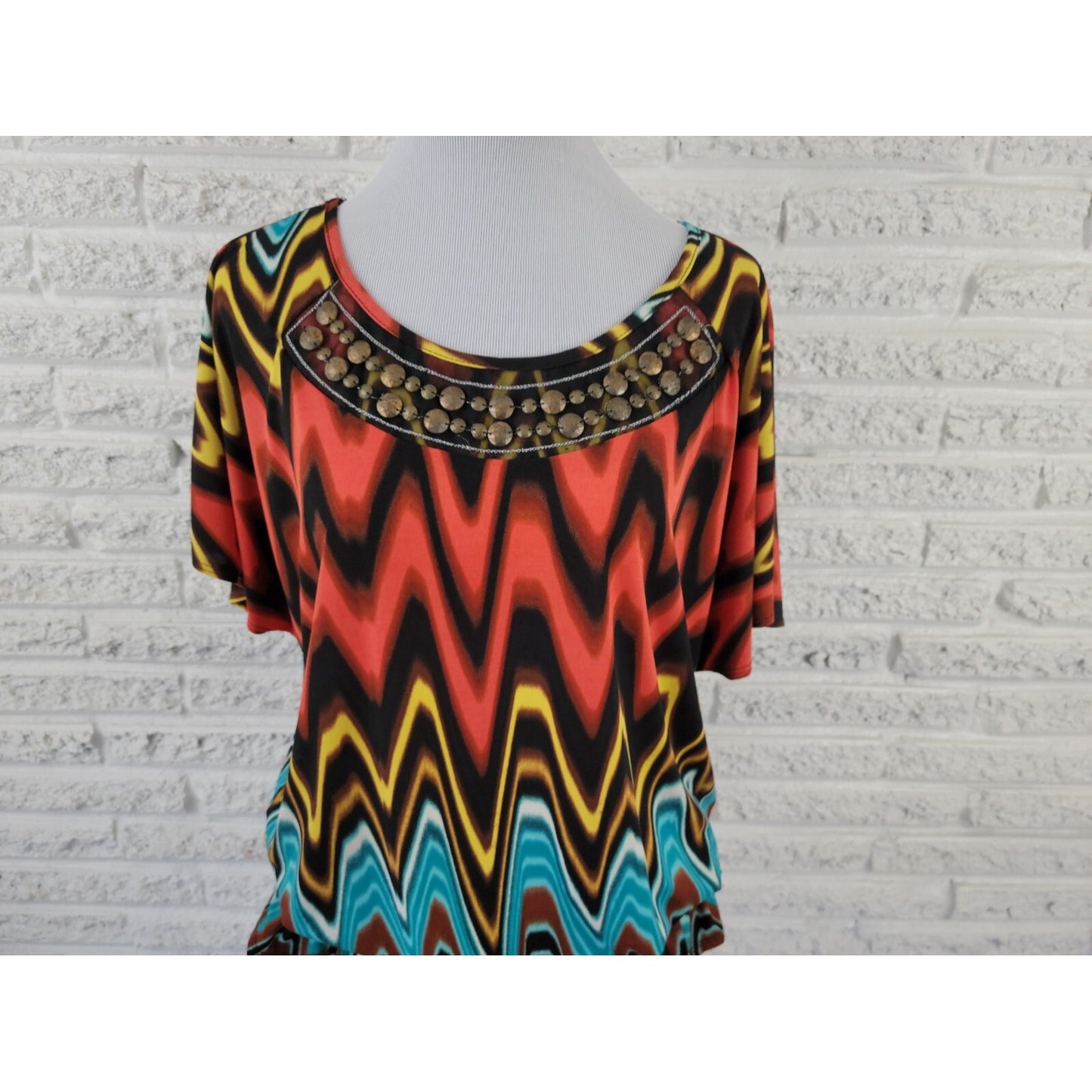 Neu Options Women Top 2X Plus Peplum Flutter Sleeve Blue Watercolor Beads Office