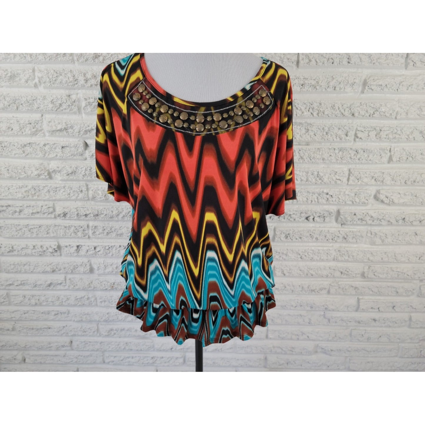 Neu Options Women Top 2X Plus Peplum Flutter Sleeve Blue Watercolor Beads Office