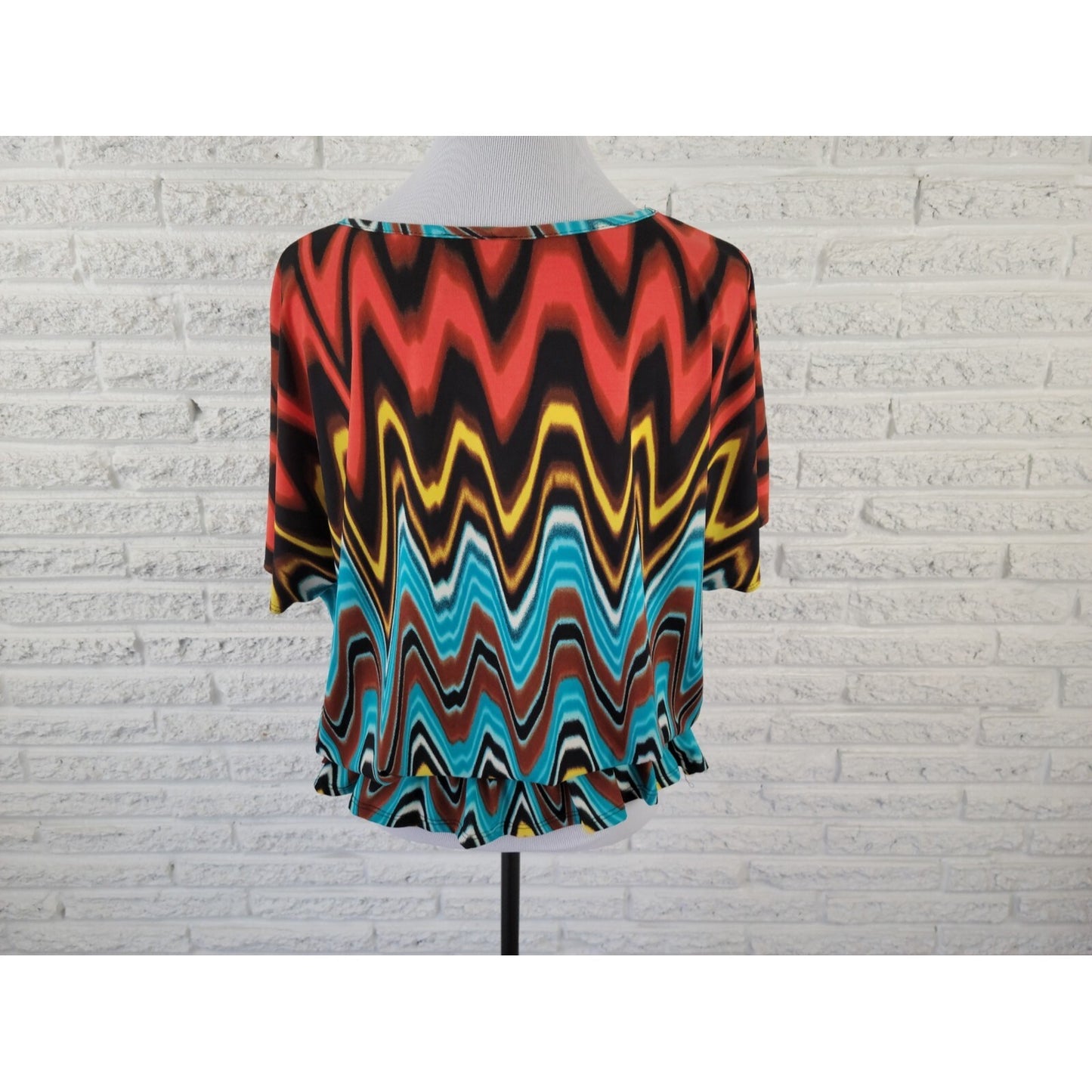 Neu Options Women Top 2X Plus Peplum Flutter Sleeve Blue Watercolor Beads Office