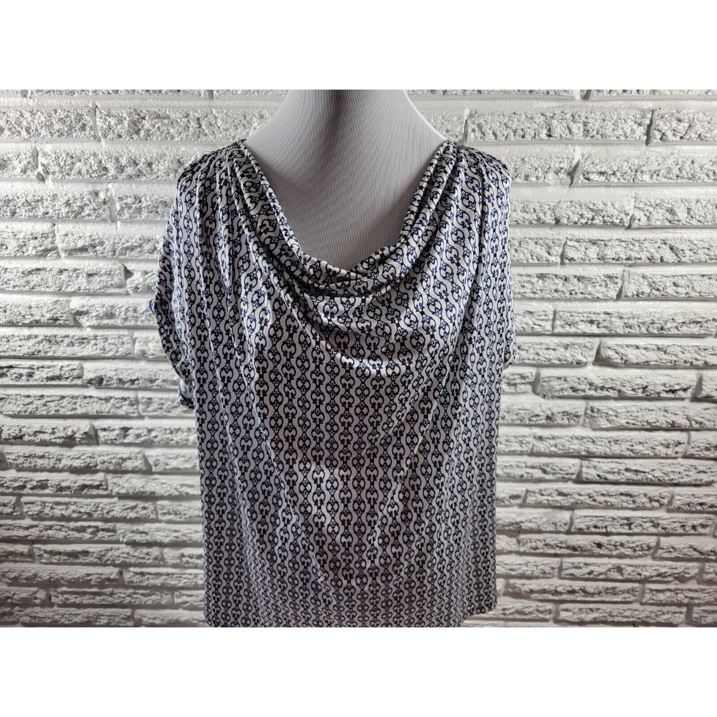 Dana Buchman Women Top 2X Plus Short Sleeve Blue Draped Neck Geometric Office