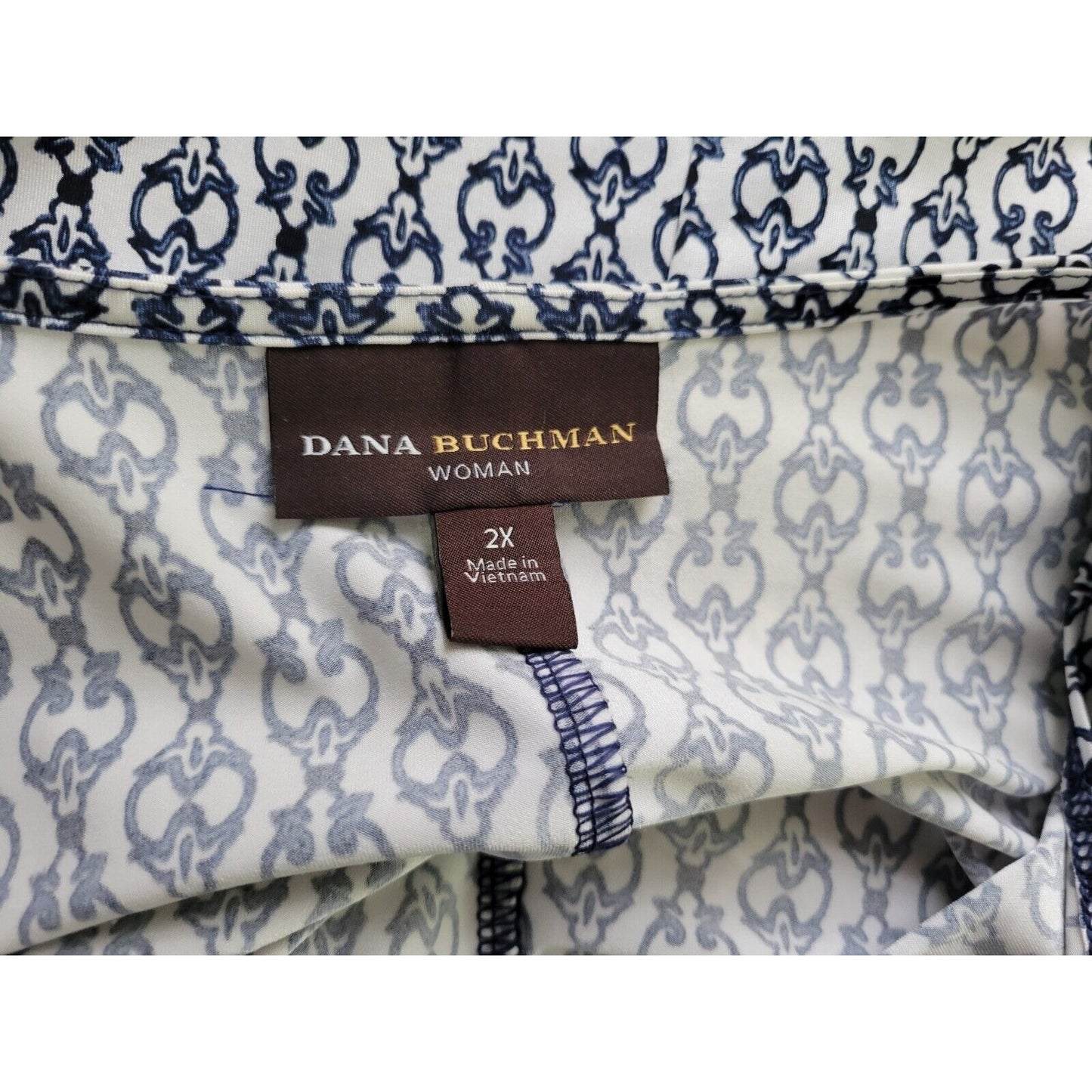 Dana Buchman Women Top 2X Plus Short Sleeve Blue Draped Neck Geometric Office