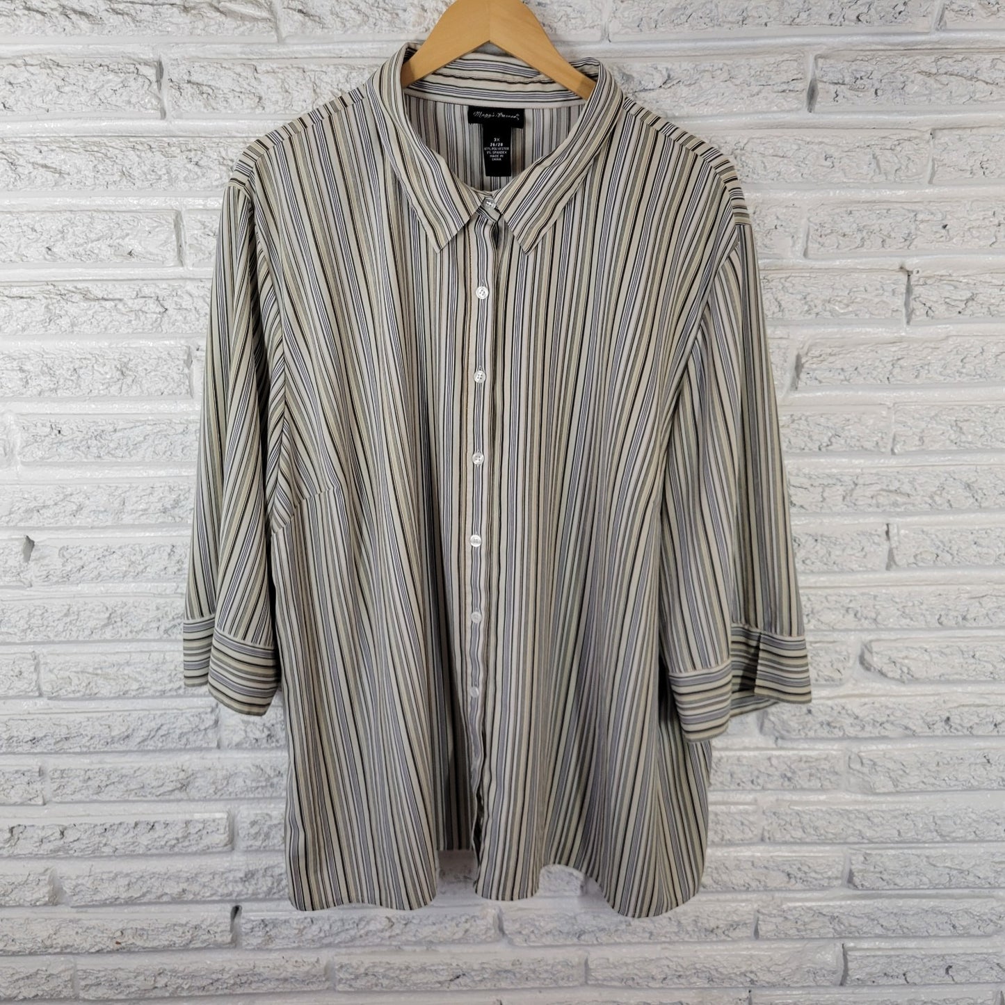 Maggie Barnes Womens Top 3X Plus 3/4 Slit Sleeve Button Green Striped Poly Blend