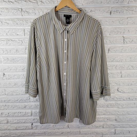 Maggie Barnes Womens Top 3X Plus 3/4 Slit Sleeve Button Green Striped Poly Blend