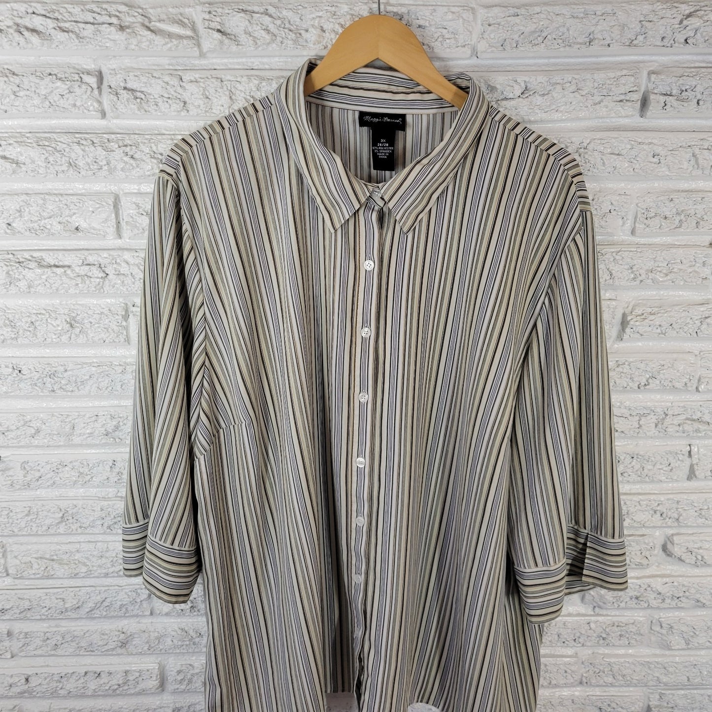 Maggie Barnes Womens Top 3X Plus 3/4 Slit Sleeve Button Green Striped Poly Blend