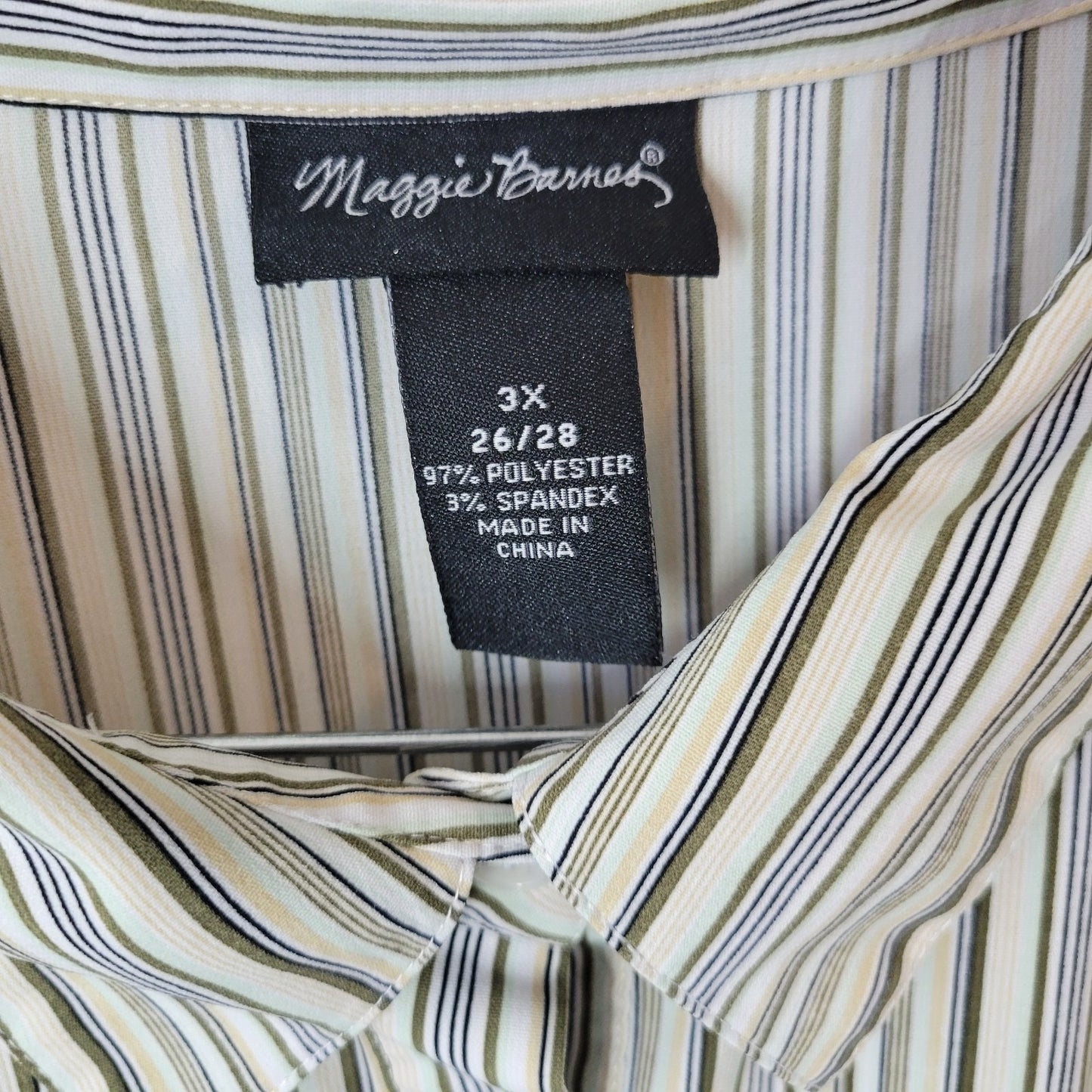 Maggie Barnes Womens Top 3X Plus 3/4 Slit Sleeve Button Green Striped Poly Blend