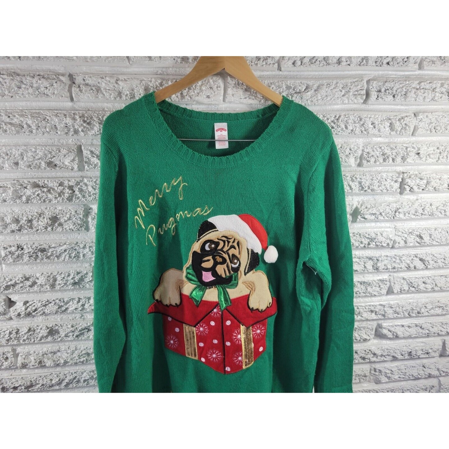 Christmas Holiday Time Women Sweater 2X Pug Happy Pugmas Green Sequins Embroider