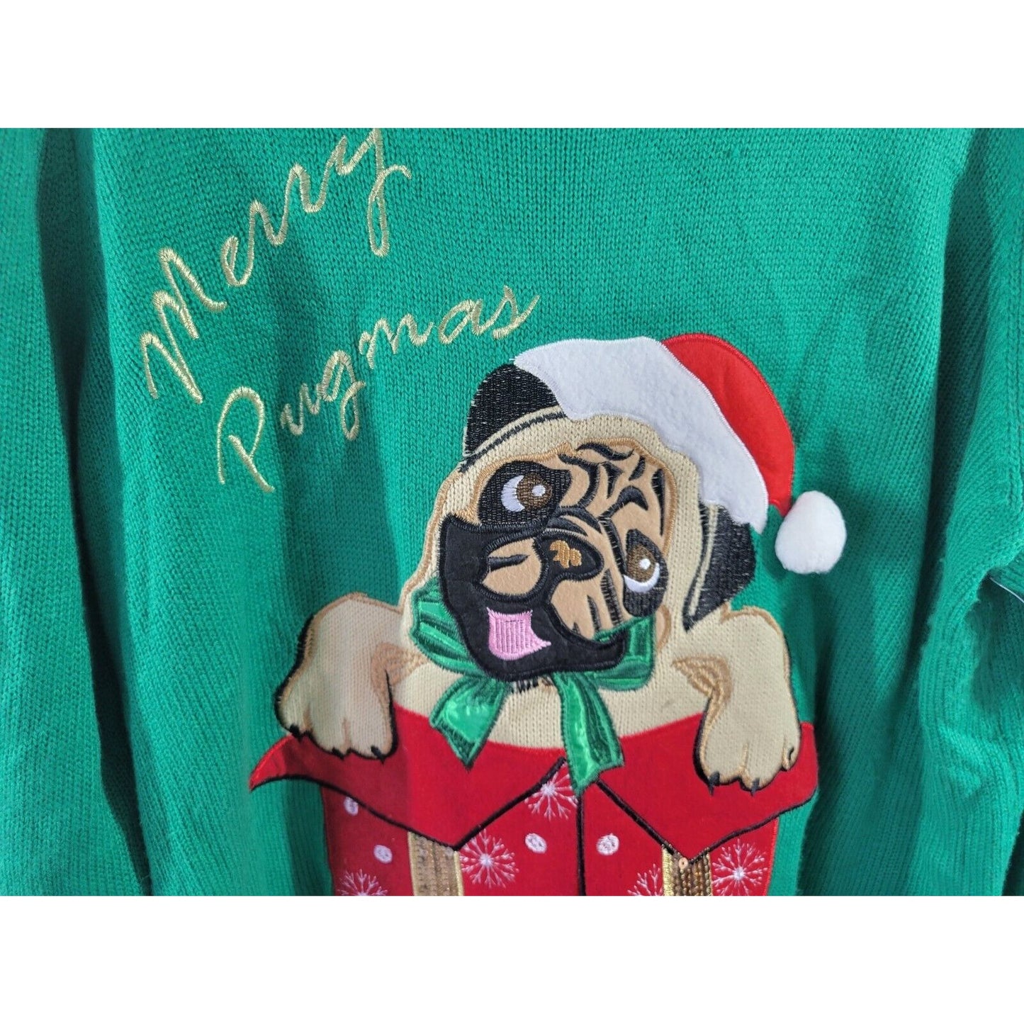 Christmas Holiday Time Women Sweater 2X Pug Happy Pugmas Green Sequins Embroider