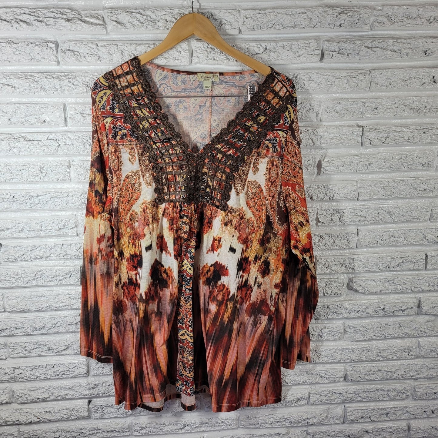 Live Let Live Womens Top XXXL Tunic Orange Paisley Crochet Poly Blend Studded