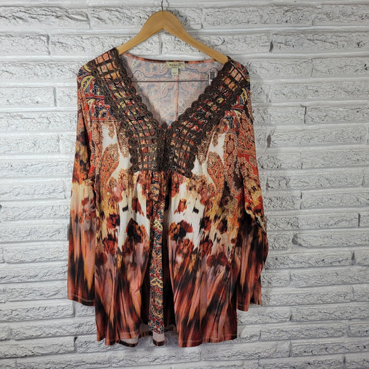 Live Let Live Womens Top XXXL Tunic Orange Paisley Crochet Poly Blend Studded