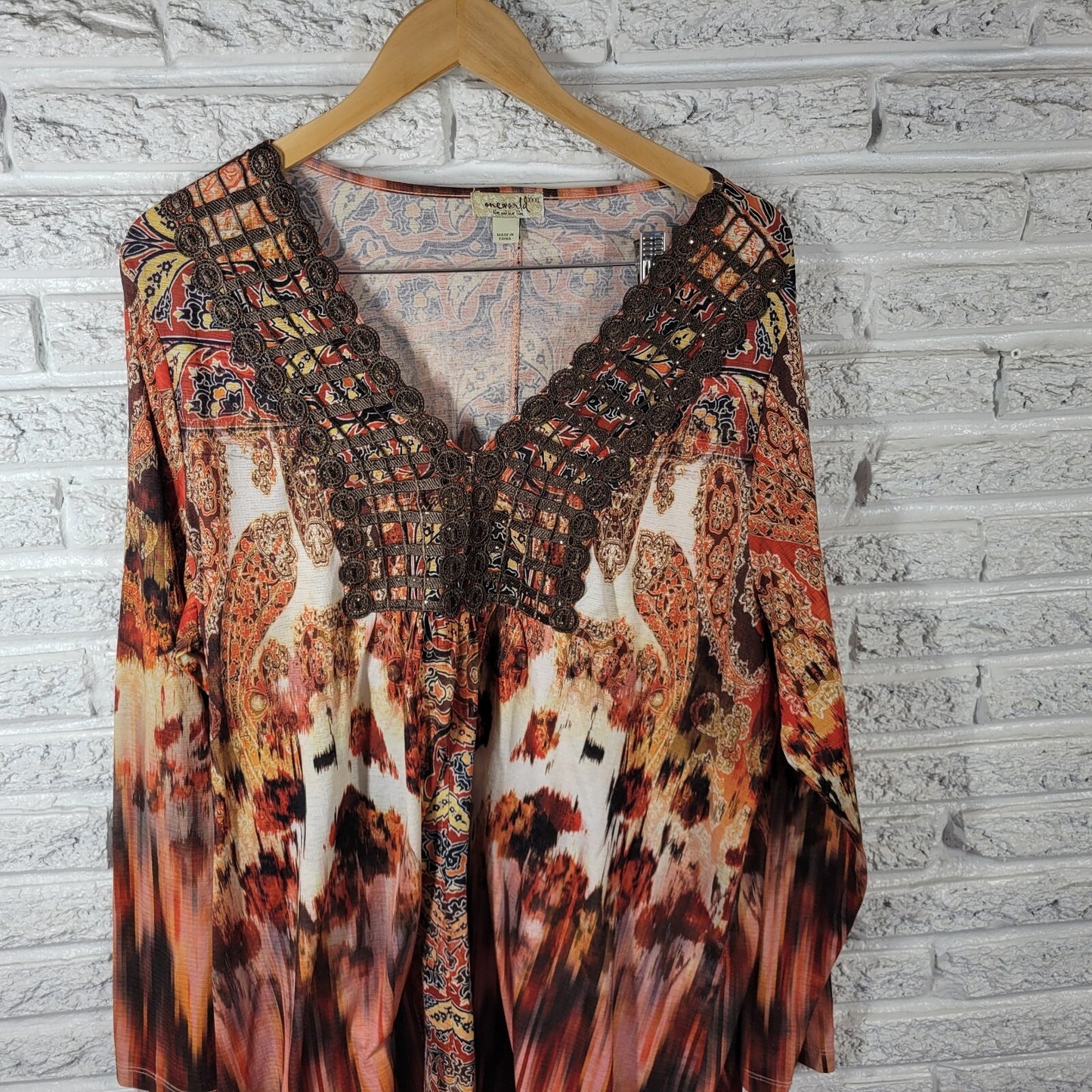 Live Let Live Womens Top XXXL Tunic Orange Paisley Crochet Poly Blend Studded