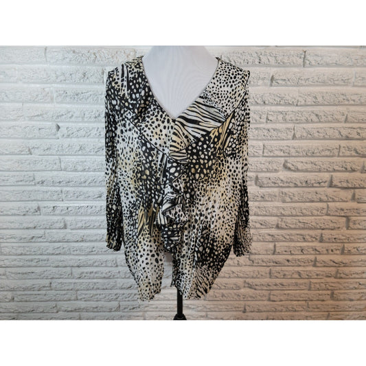 Maggie Barnes Womens Top 2X Plus 3/4 Sleeve Sheer Animal Print Button Up Ruffle