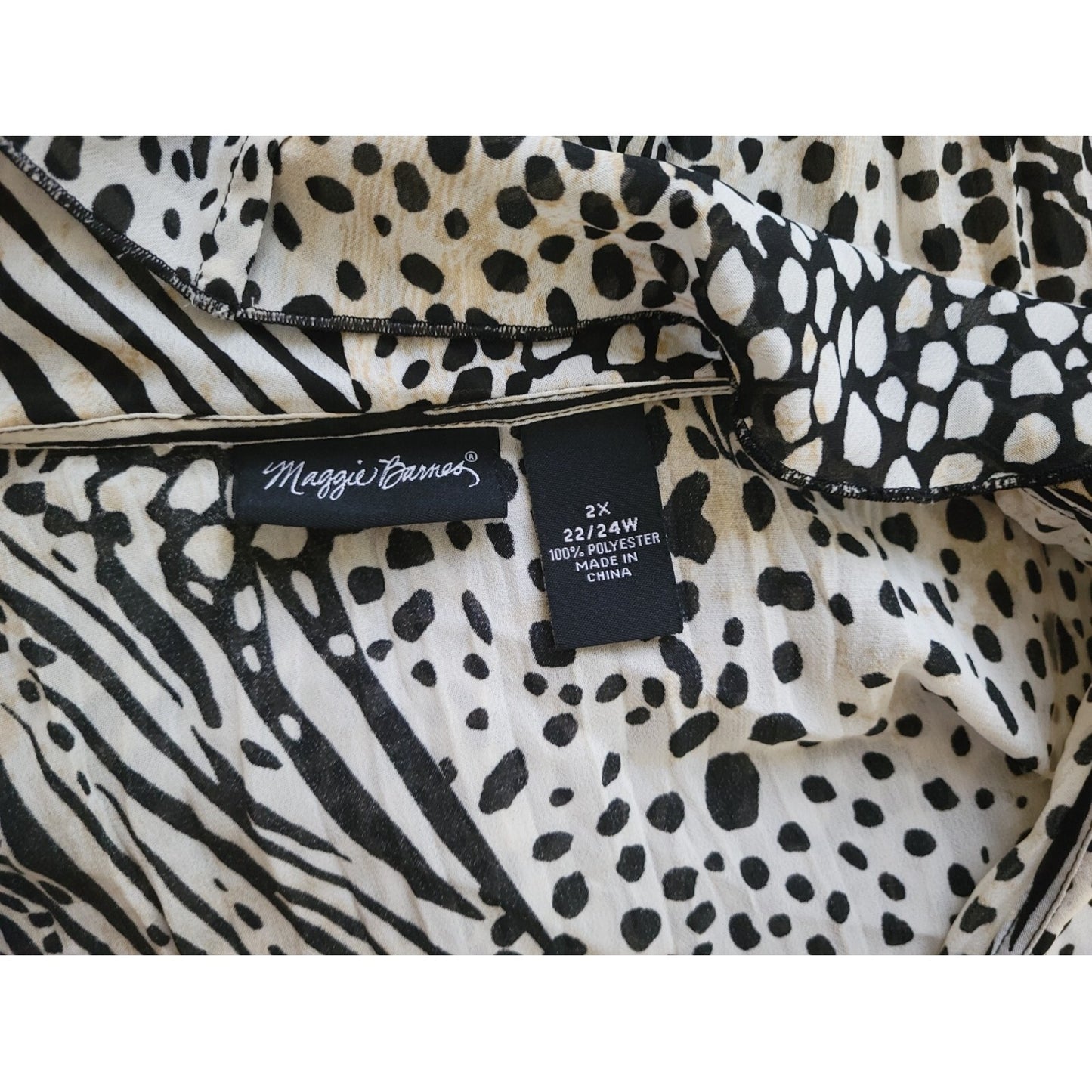 Maggie Barnes Womens Top 2X Plus 3/4 Sleeve Sheer Animal Print Button Up Ruffle