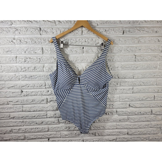 Time Tru Womens Swimsuit 2X 20W 22W Plus One Piece Bra Blue Stripe Lined Keyhole
