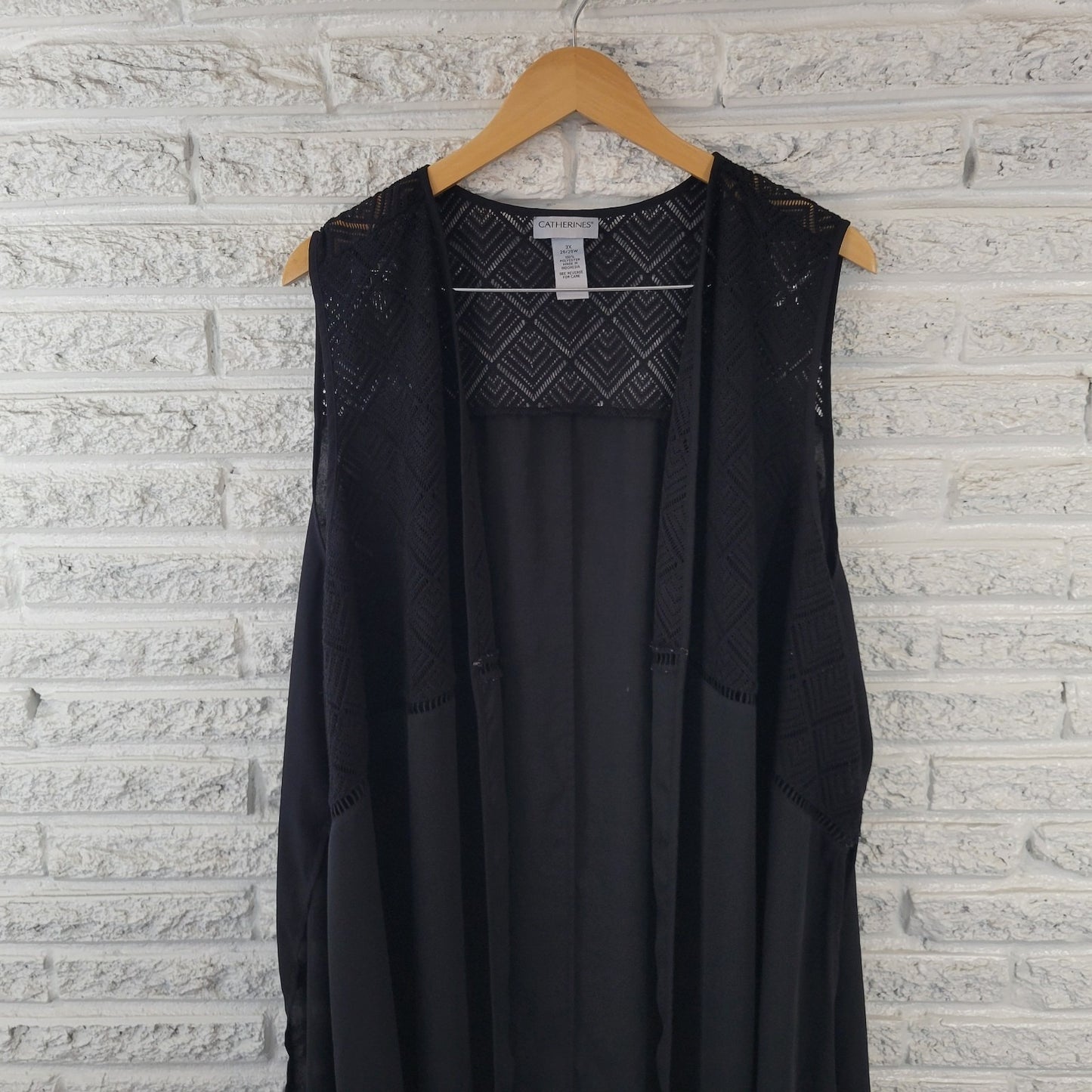 Catherines Womens Top 3X Plus Cardigan Open Black Sleeveless Crochet Chiffon