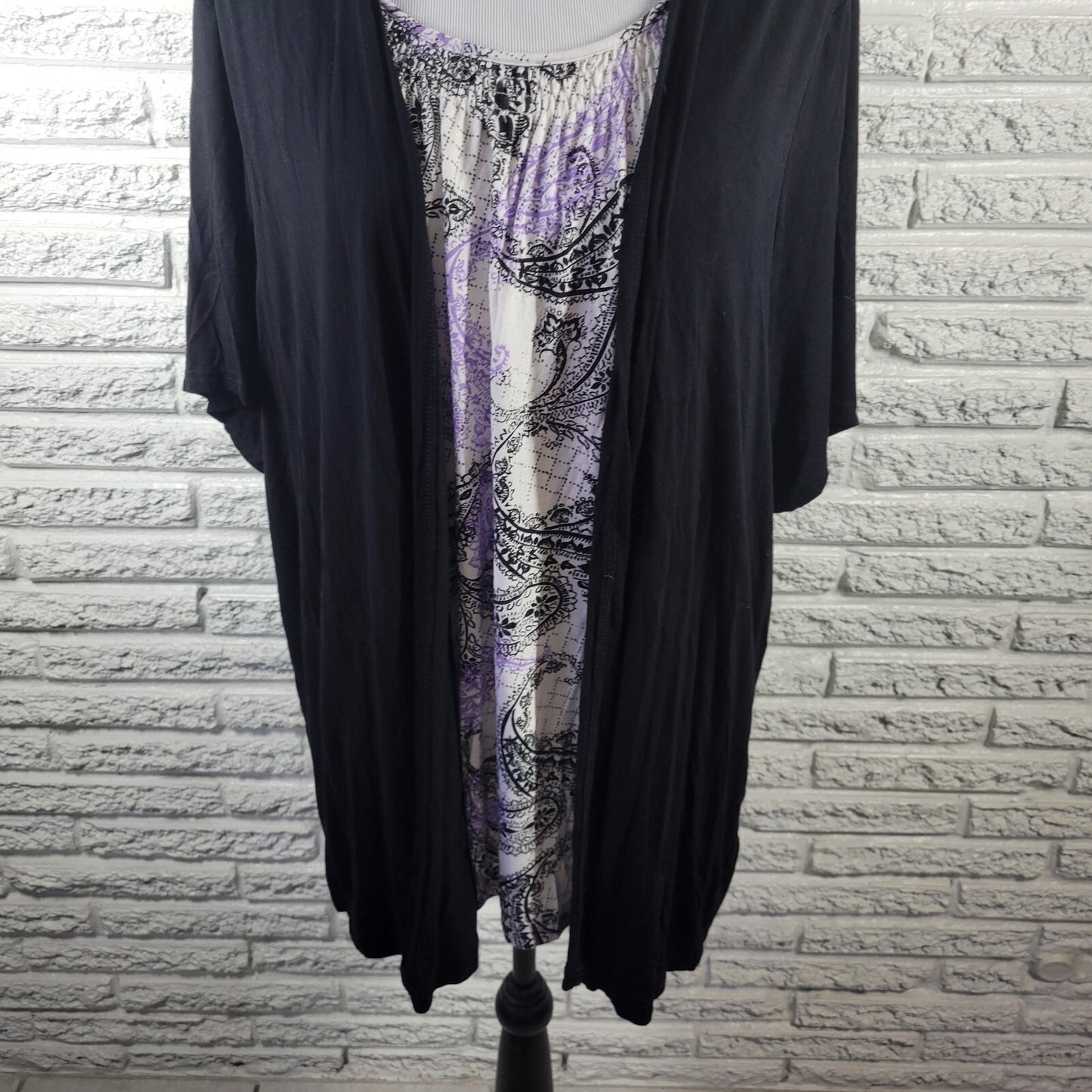 Croft Barrow Womens Top 2X Plus Short Sleeve Purple Black Paisley Casual Cinched