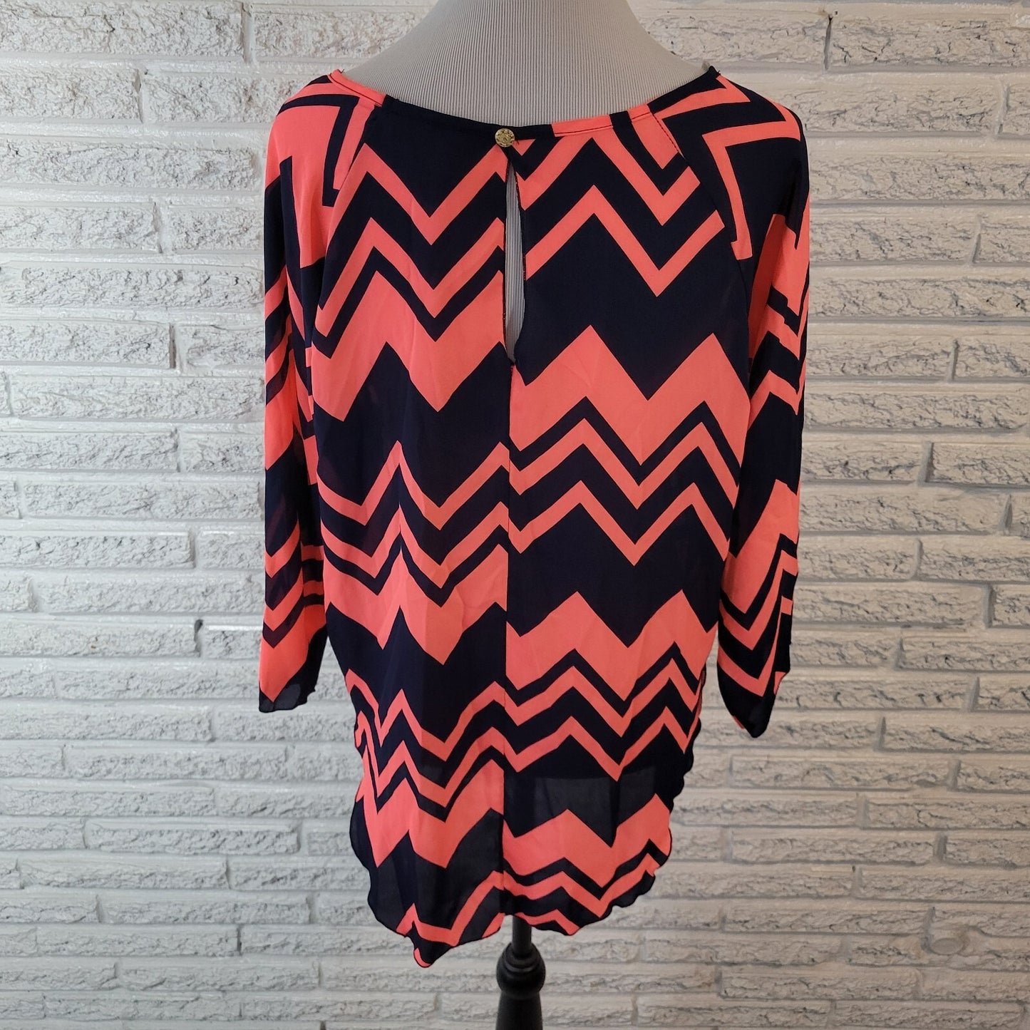 Absolute Angel Women XL Top Pink Blue Zig Zag Boat Neck Long Sleeve Blouse