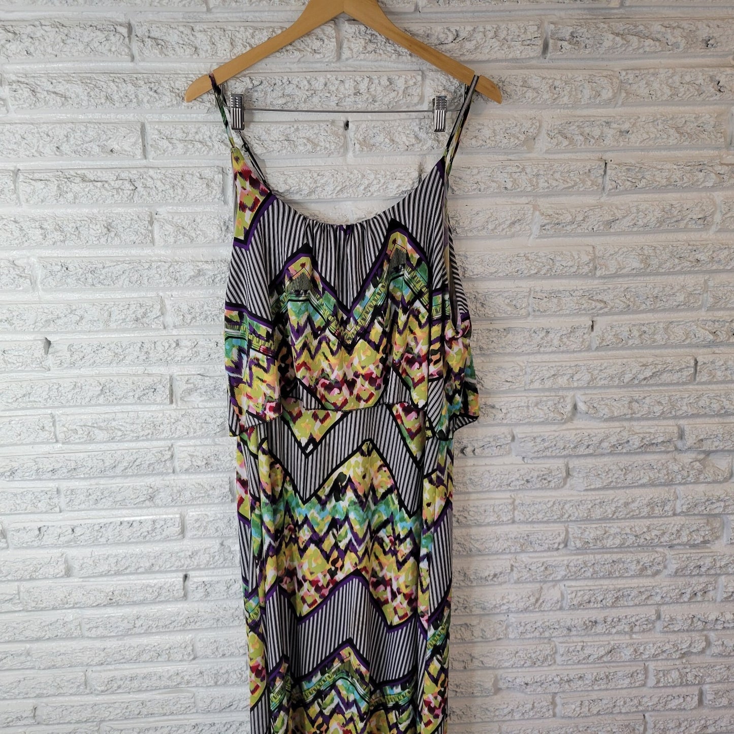 Rouge Women 3X Plus Maxi Dress Geometric Ruffle Sleeveless Long Stretch