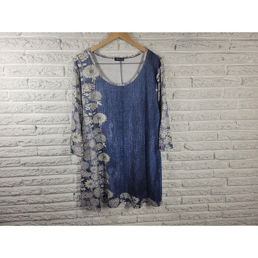 Lily Firmiana Women Dress 2X Plus Mini Long Sleeve Blue Floral Poly Blend Casual