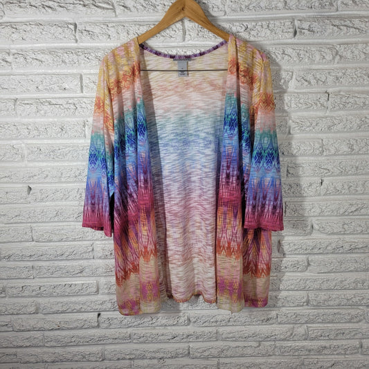 Catherines Women Top 3X Plus Cardigan Open Knit Blue Geometric Sheer Lightweight