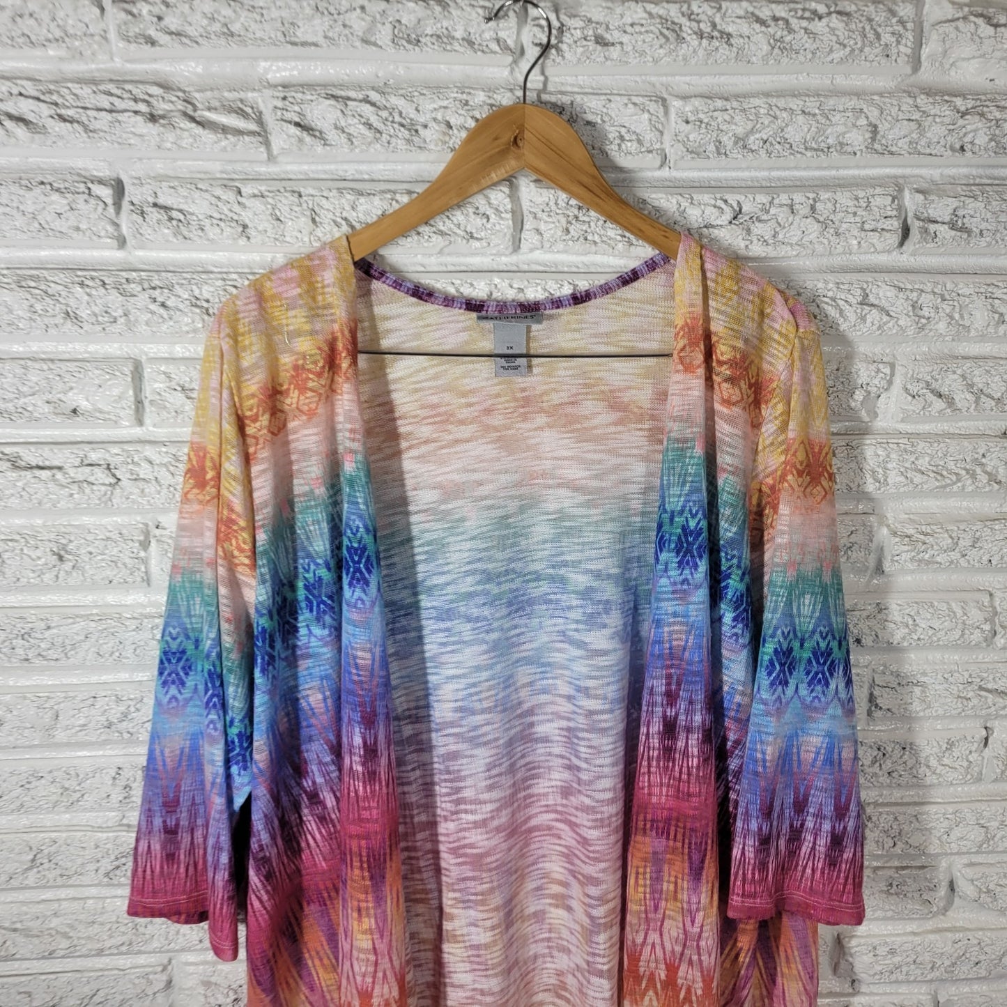 Catherines Women Top 3X Plus Cardigan Open Knit Blue Geometric Sheer Lightweight