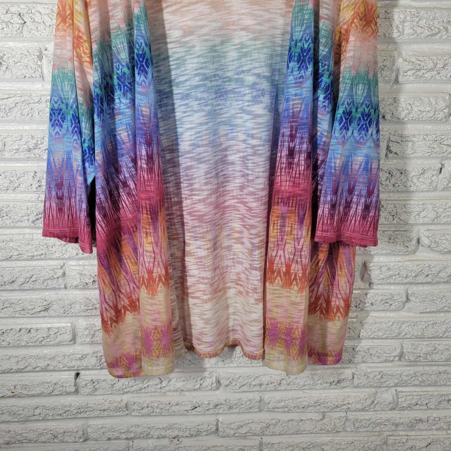 Catherines Women Top 3X Plus Cardigan Open Knit Blue Geometric Sheer Lightweight