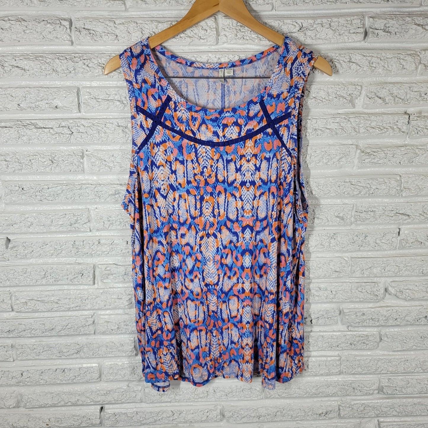 Cato Est 1946 Womens 18W 20W Orange Blue Geometric Crochet Trim Tank Top Stretch