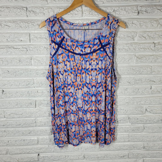 Cato Est 1946 Womens 18W 20W Orange Blue Geometric Crochet Trim Tank Top Stretch