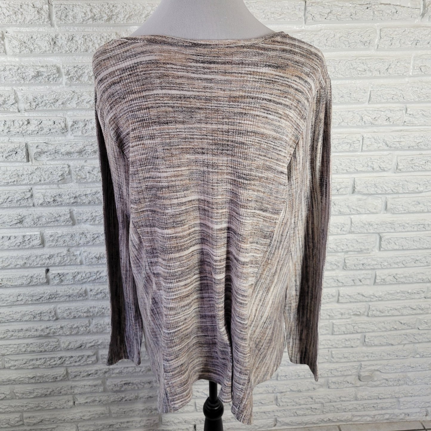 Knox Rose Top XXL Plus Tan Gray Striped Knit V-Neck Blouse Long Sleeve Stretch