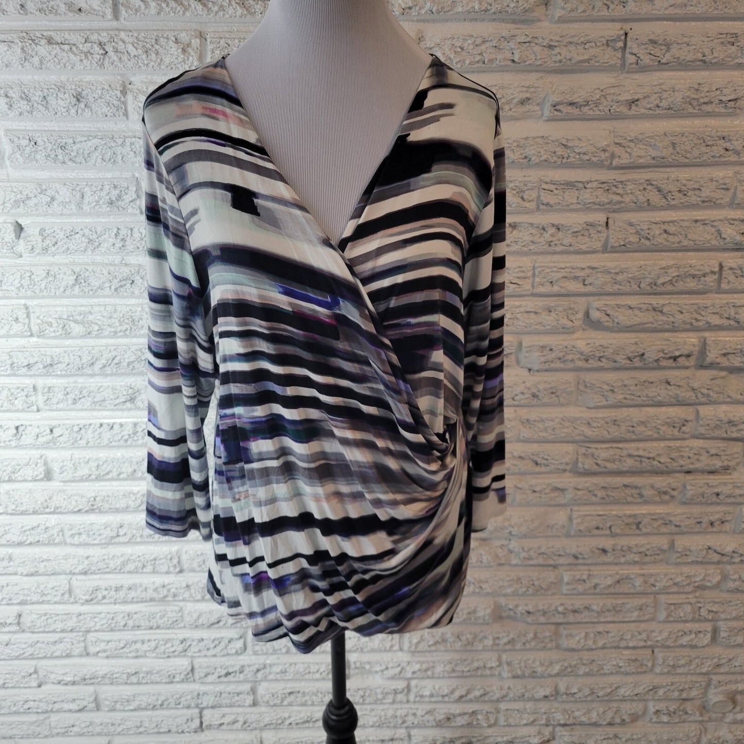 Calvin Klein Womens Top XL 3/4 Sleeve Black Purple Watercolor Draped Neck Office