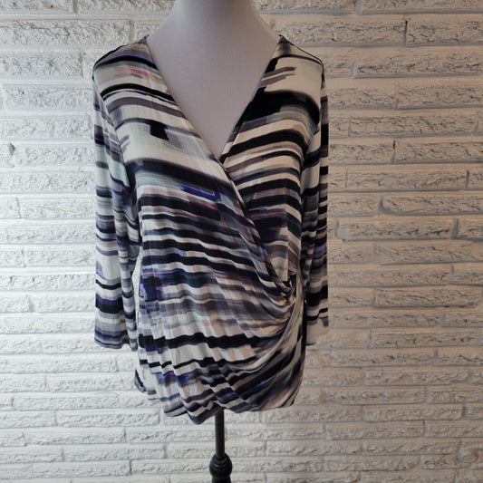 Calvin Klein Womens Top XL 3/4 Sleeve Black Purple Watercolor Draped Neck Office