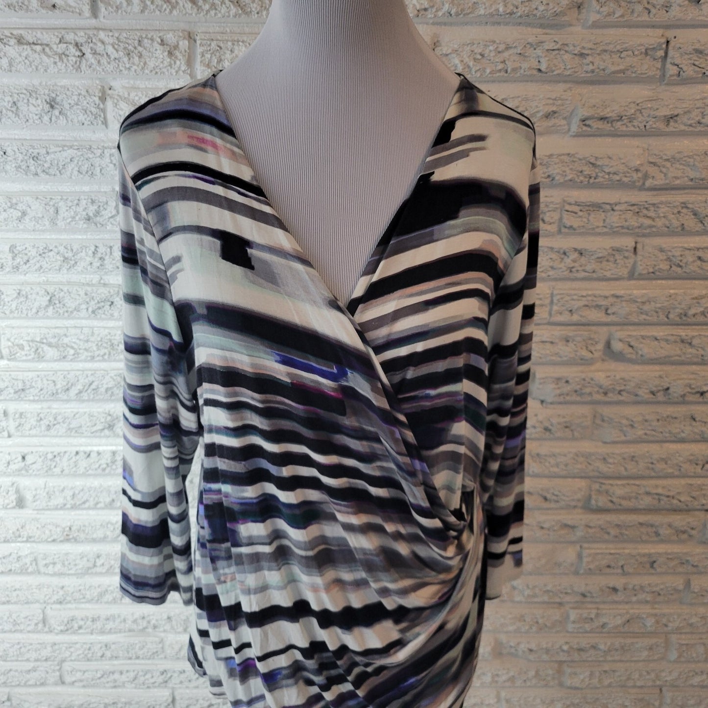 Calvin Klein Womens Top XL 3/4 Sleeve Black Purple Watercolor Draped Neck Office