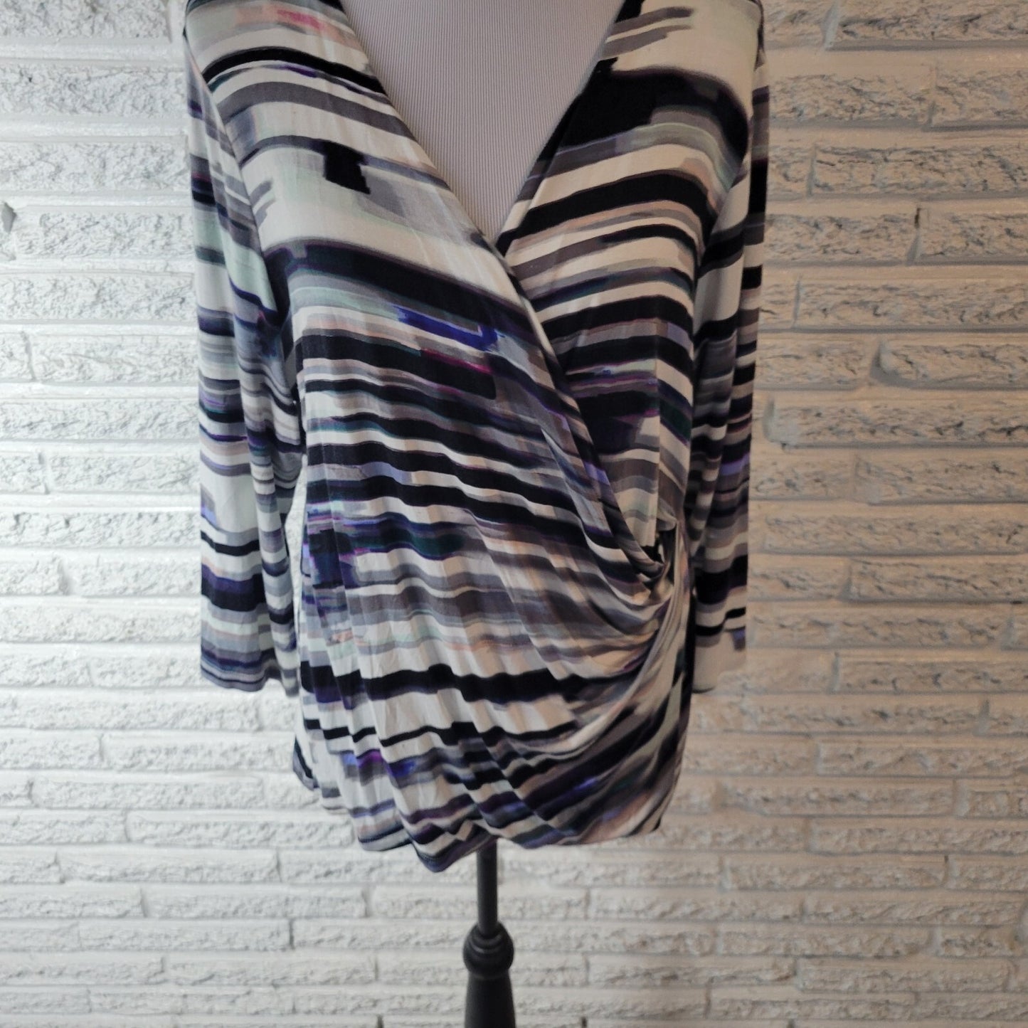 Calvin Klein Womens Top XL 3/4 Sleeve Black Purple Watercolor Draped Neck Office