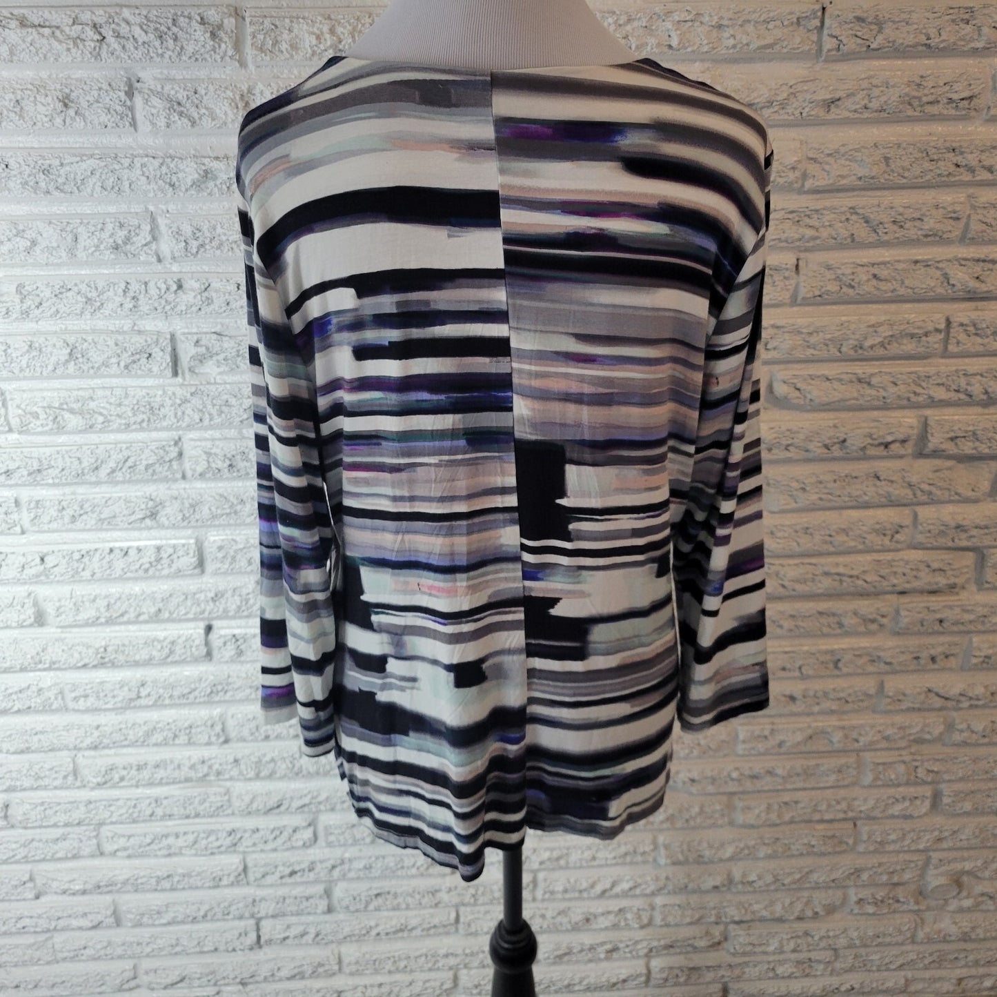 Calvin Klein Womens Top XL 3/4 Sleeve Black Purple Watercolor Draped Neck Office